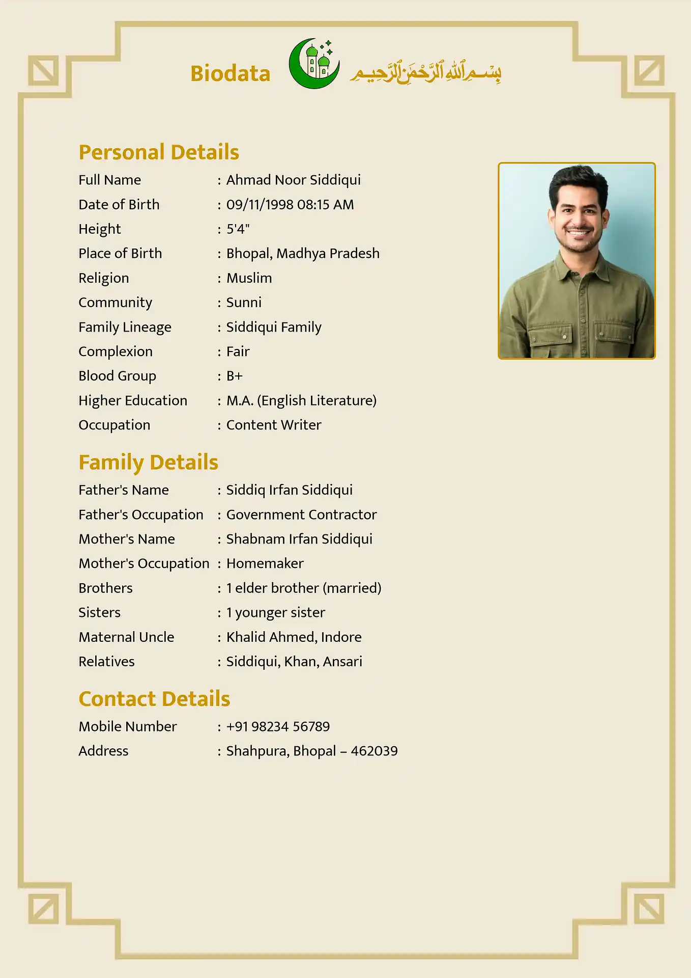 Marriage biodata template - Template 5 design