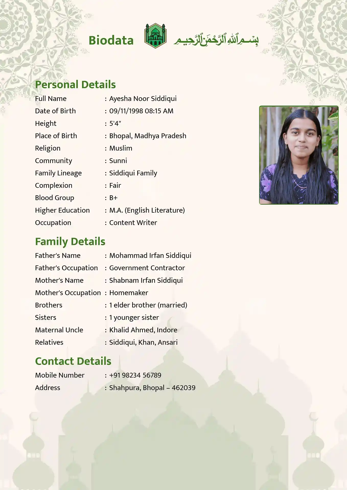 Green 1 biodata template