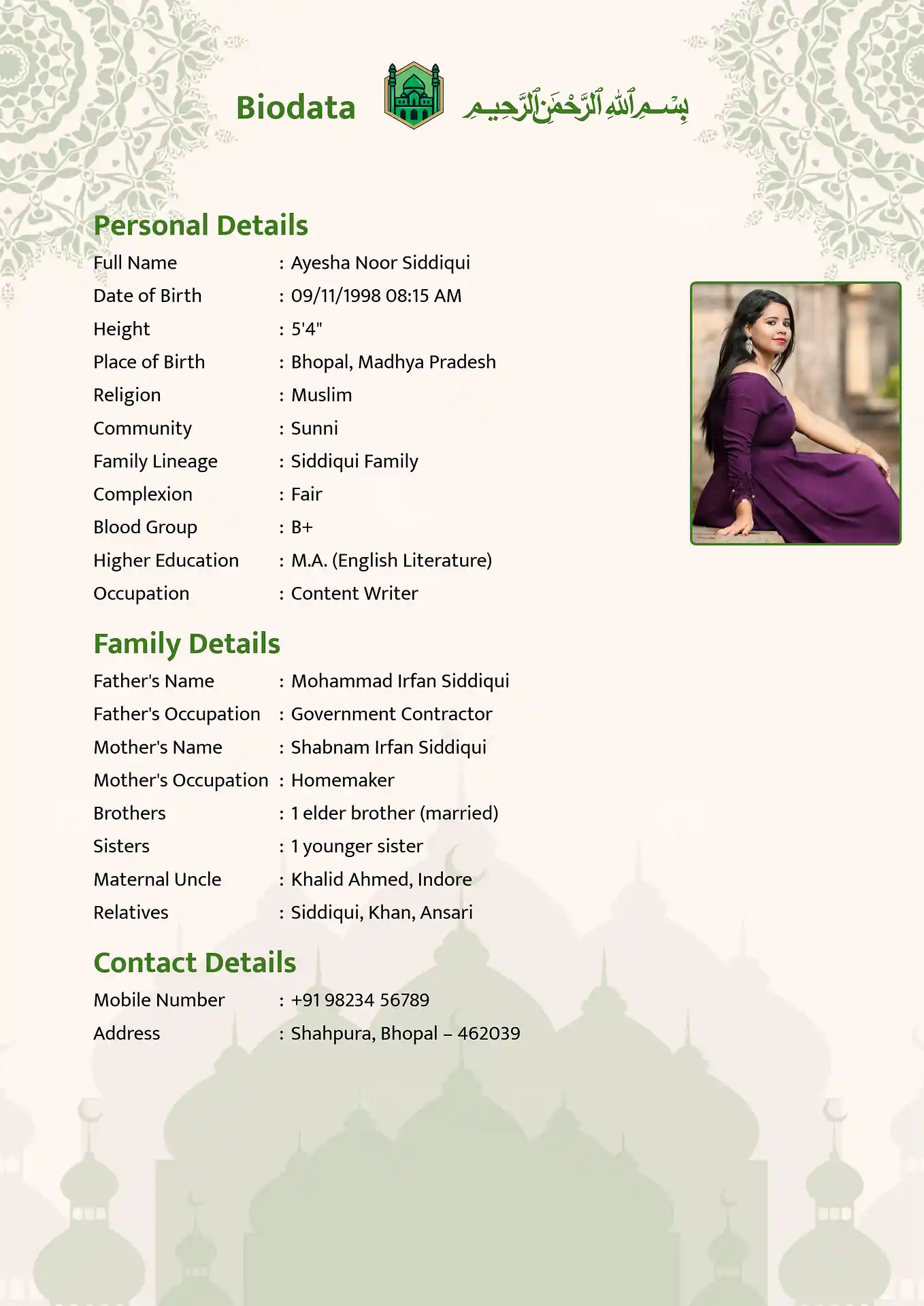 Marriage biodata template - Template 1 design
