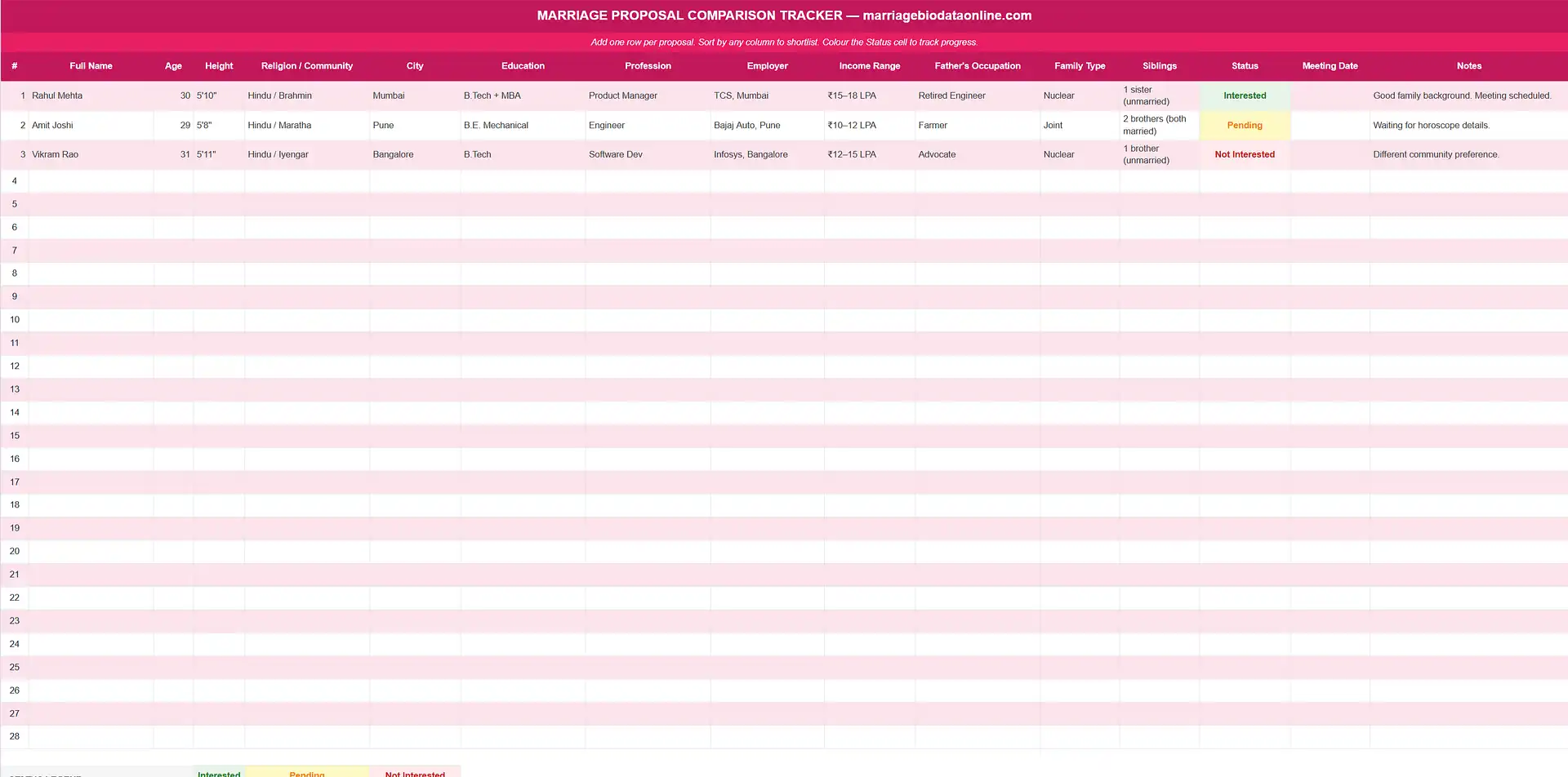 Marriage Biodata Comparison Tracker Sheet